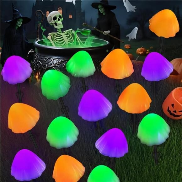 2PK 55FT 32LED Orange and Green Solar Mushroom Lights Outdoor, Solar String - Picture 3 of 7